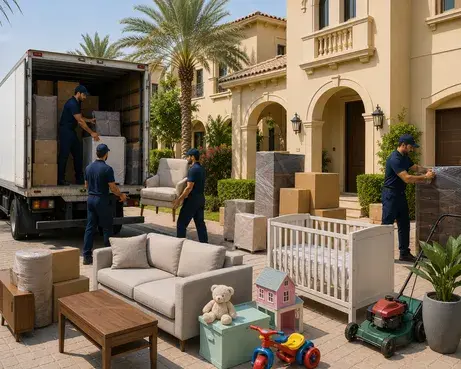 Furniture movers transporting household belongings in Arabian Ranches