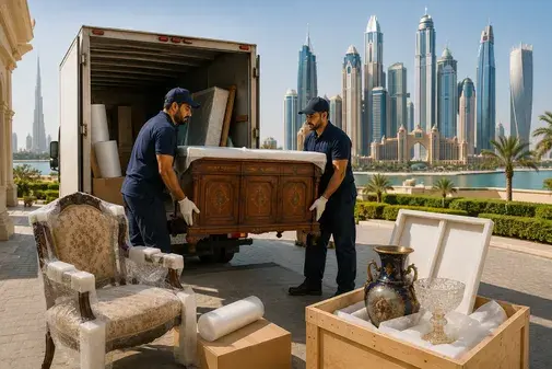 Fragile furniture being secured inside a moving vehicle
