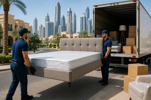 Bed and mattress movers loading household furniture into truck