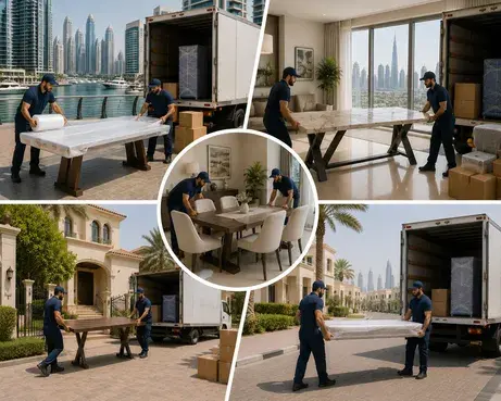 Furniture movers carefully carrying dining table through residential property in Dubai