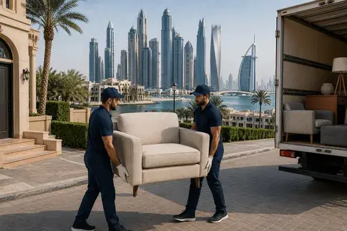 Sofa movers loading furniture into a moving truck in Dubai