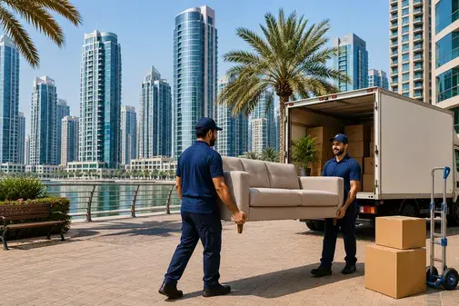 Furniture transport team loading furniture into a moving truck in JLT