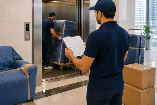 JLT furniture movers safely carrying wrapped furniture