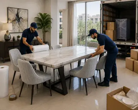 Large dining table relocation by professional movers in Dubai