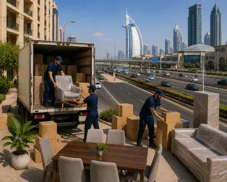 Furniture movers packing household belongings in Al Barsha Dubai
