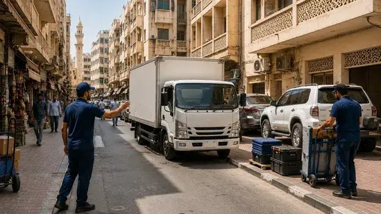 Deira movers loading furniture into a professional moving vehicle