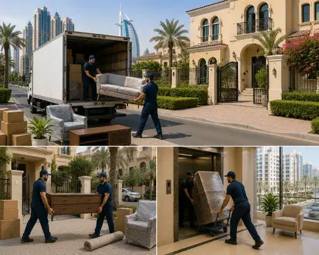 Al Barsha furniture moving team carrying packed boxes