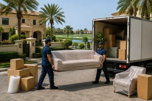 Furniture Movers Emirates Hills transporting furniture to moving truck