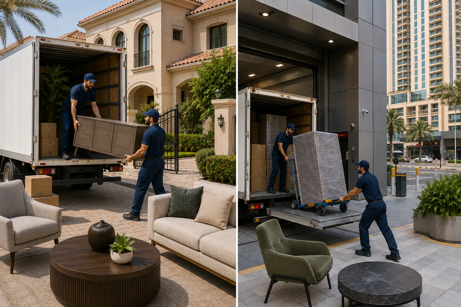 Moving truck and furniture movers at a residential property in Al Barsha