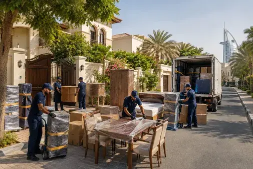 Movers carefully loading furniture for relocation in Jumeirah