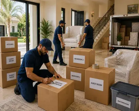 Furniture Movers Emirates Hills transporting sofa and moving boxes