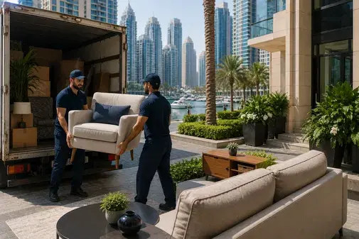 Sofa movers in Dubai carrying furniture during home relocation