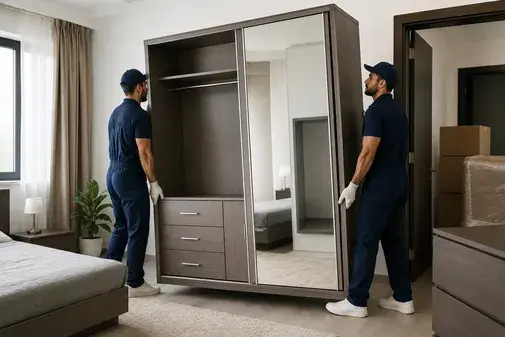 Movers carefully packing wardrobe panels in Dubai