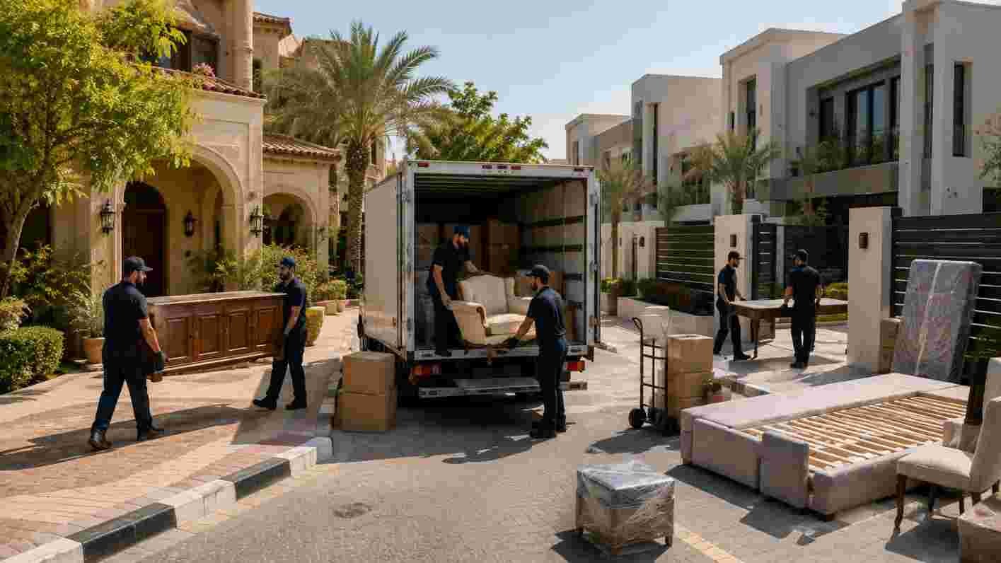 Furniture moving team transporting household items in JLT