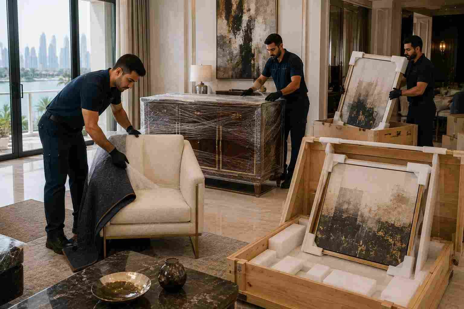 Movers packing and transporting furniture in Palm Jumeirah