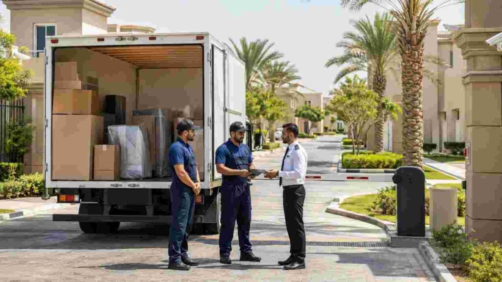Movers carefully loading furniture for relocation in JLT