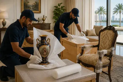 Movers packing fragile decorative furniture for relocation